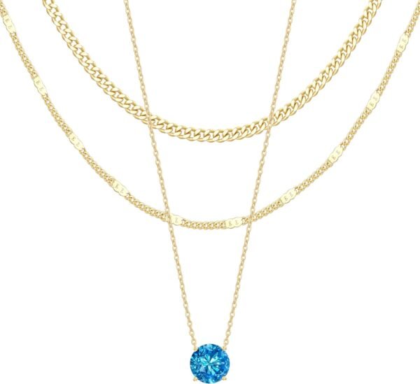 Layered Gold Necklaces for Women,  Gold Sterling Silver Plated Dainty Pendant Necklace Set with Cubic Zirconia Circle, Chunky Stackable Cuban Chain Choker, Trendy Personalized Birthstone Jewelry Gift Non Tarnish