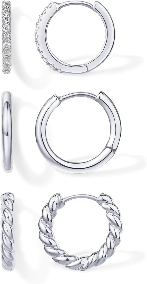 Yellow Gold Plated 925 Sterling Silver Posts Three Pairs Small Hoop Earrings for Women - Statement Gold Hoop Earrings Set - Cubic Zirconia Rope Teardrop Chunky Huggie Earscape Piercings