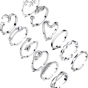 12PCS Silver Plated Rings Adjustable Open Rings for Women Cute Gold Plated Stackable Thumb Rings Joint Chain Midi FingerArrow Knot Wave Band Rings Set