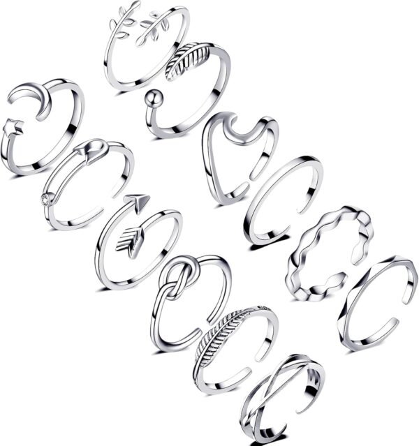 12PCS Silver Plated Rings Adjustable Open Rings for Women Cute Gold Plated Stackable Thumb Rings Joint Chain Midi FingerArrow Knot Wave Band Rings Set