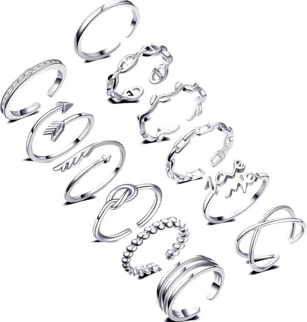 12PCS Silver Plated Rings Adjustable Open Rings for Women Cute Gold Plated Stackable Thumb Rings Joint Chain Midi FingerArrow Knot Wave Band Rings Set