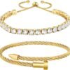 2PCS   Gold Plated Nail Bangle & Chain Bracelet Set for Women, Adjustable Stackable Bangle Jewelry, Dainty Gold Bracelet Gift for Women
