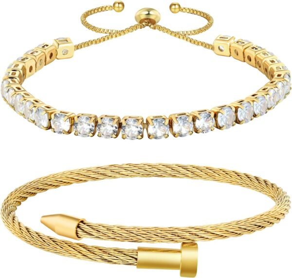 2PCS   Gold Plated Nail Bangle & Chain Bracelet Set for Women, Adjustable Stackable Bangle Jewelry, Dainty Gold Bracelet Gift for Women