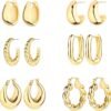 6 Pairs  Gold Plated Hoop Earrings for Women Lightweight Chunky Hoop Earrings Multipack Hypoallergenic, Thick Open Twisted Huggie Hoops Earring Set Jewelry for Gifts.