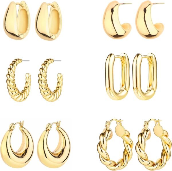6 Pairs  Gold Plated Hoop Earrings for Women Lightweight Chunky Hoop Earrings Multipack Hypoallergenic, Thick Open Twisted Huggie Hoops Earring Set Jewelry for Gifts.