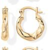 Yellow Gold Plated 925 Sterling Silver Posts Three Pairs Small Hoop Earrings for Women - Statement Gold Hoop Earrings Set - Cubic Zirconia Rope Teardrop Chunky Huggie Earscape Piercings