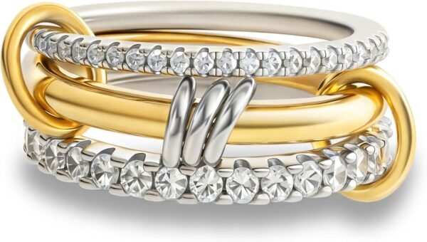 Gold Stackable Rings for Women Non Tarnish,   Gold Plated Cubic Zirconia Rings, Silver Gold Multi Ring Mixed Metals Stack Rings Set