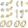 Hypoallergenic Gold Plated Stud Hoop Earrings for Women - Surgical Stainless Steel Earrings Trendy Small Hoops Cartilage Earring Stacks Huggie Earring Set for Multiple Piercing Jewelry