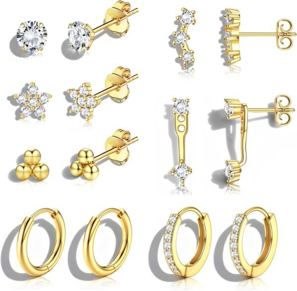Hypoallergenic Gold Plated Stud Hoop Earrings for Women - Surgical Stainless Steel Earrings Trendy Small Hoops Cartilage Earring Stacks Huggie Earring Set for Multiple Piercing Jewelry