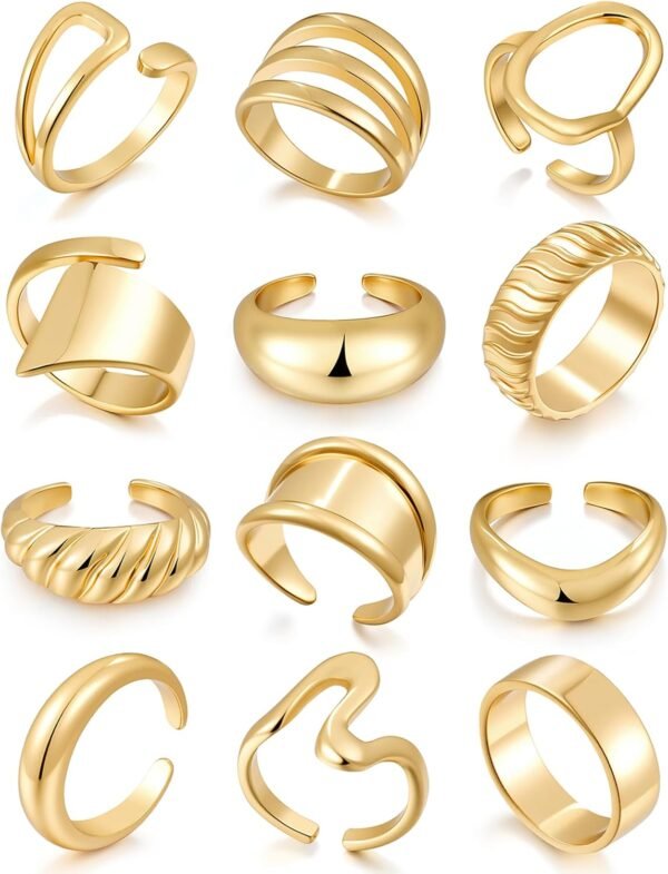 Chunky Gold Stackable Rings for Women Non Tarnish,   Gold-Plated Statement Open Stacking Rings, Knuckle Band Ring Set