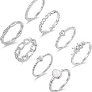 Gold/Silver Plated Stacking Rings Set for Women Non Tarnish CZ Heart Simple Cute Stackable Rings Dainty Trendy Gold Statement Rings Plain Band Size 4-12