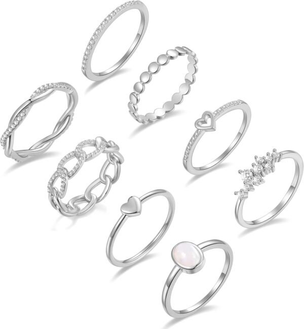 Gold/Silver Plated Stacking Rings Set for Women Non Tarnish CZ Heart Simple Cute Stackable Rings Dainty Trendy Gold Statement Rings Plain Band Size 4-12