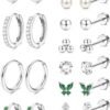 Hypoallergenic  Gold Plated Stud Hoop Earrings for Women Men Surgical Stainless Steel Flat Back Earrings Small Huggie Hoops Cartilage Earring Set for Multiple Piercing Jewelry Gift for Women