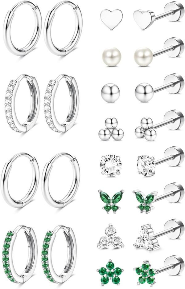 Hypoallergenic  Gold Plated Stud Hoop Earrings for Women Men Surgical Stainless Steel Flat Back Earrings Small Huggie Hoops Cartilage Earring Set for Multiple Piercing Jewelry Gift for Women