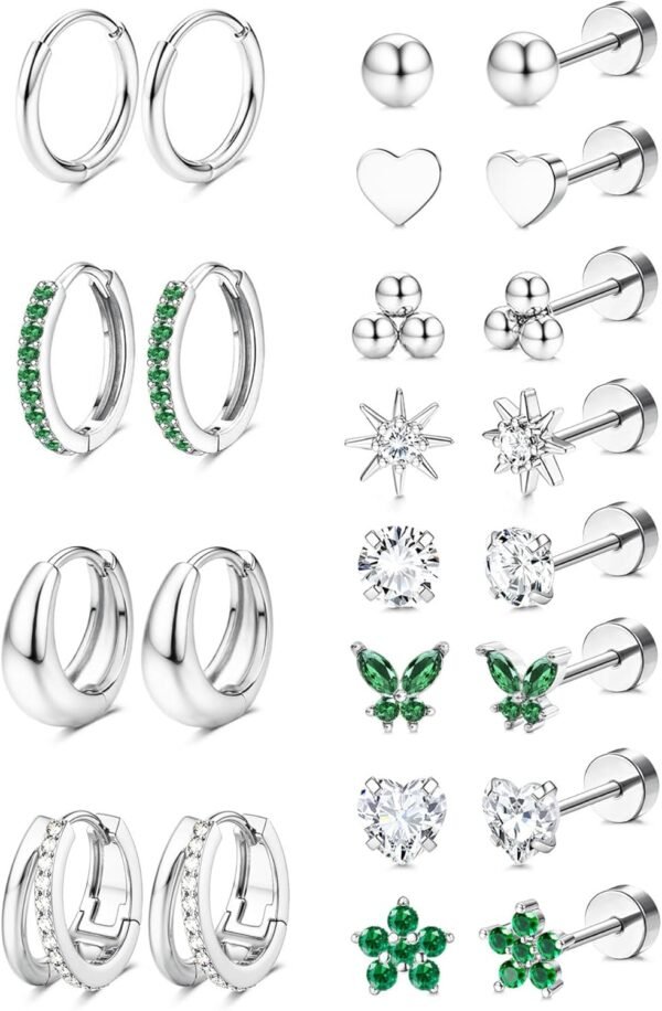 Hypoallergenic  Gold Plated Stud Hoop Earrings for Women Men Surgical Stainless Steel Flat Back Earrings Small Huggie Hoops Cartilage Earring Set for Multiple Piercing Jewelry Gift for Women