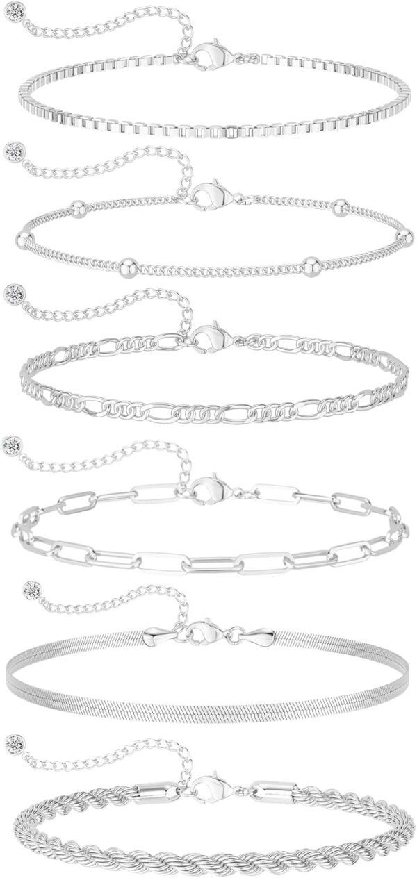 Dainty Silver Plated Bracelets for Women Trendy, Silver Jewelry Set for Women Bracelets for Women Paperclip Box Herringbone Figaro Rope Chain Bracelet Fashion Pack Gifts for Women