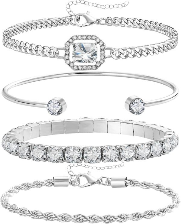 4 Pcs Dainty Gold Silver Bracelets Set for Women  Plated Link Cubic Zirconia Paperclip Stake Layering Chain Adjustable Trendy Hand Jewelry