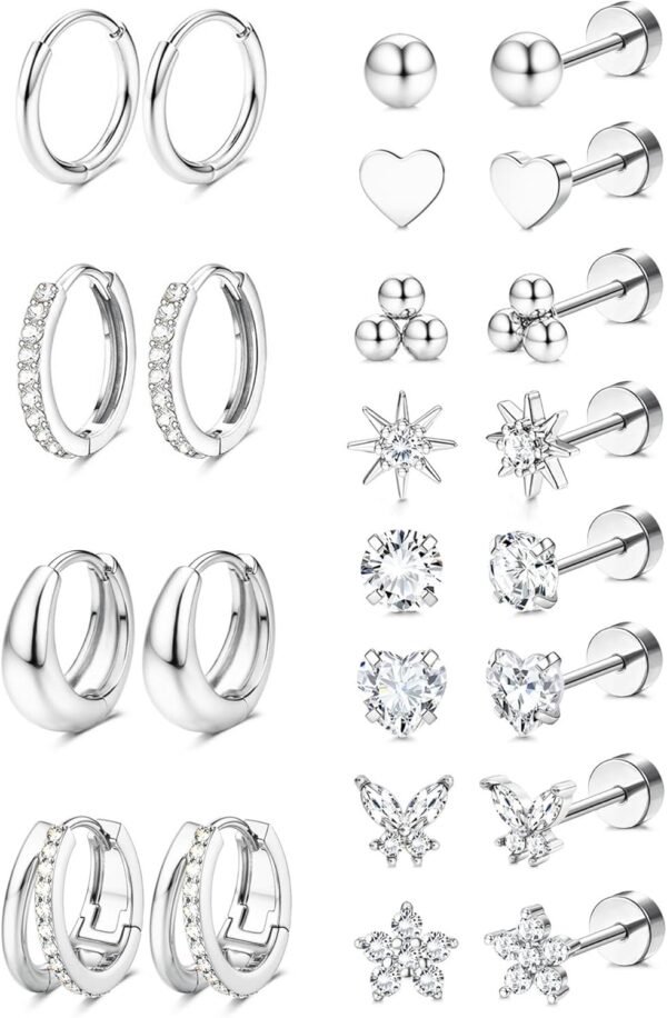 Hypoallergenic  Gold Plated Stud Hoop Earrings for Women Men Surgical Stainless Steel Flat Back Earrings Small Huggie Hoops Cartilage Earring Set for Multiple Piercing Jewelry Gift for Women