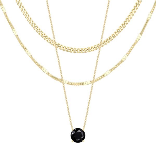 Layered Gold Necklaces for Women,  Gold Sterling Silver Plated Dainty Pendant Necklace Set with Cubic Zirconia Circle, Chunky Stackable Cuban Chain Choker, Trendy Personalized Birthstone Jewelry Gift Non Tarnish