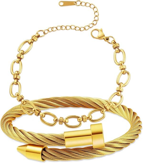 2PCS   Gold Plated Nail Bangle & Chain Bracelet Set for Women, Adjustable Stackable Bangle Jewelry, Dainty Gold Bracelet Gift for Women