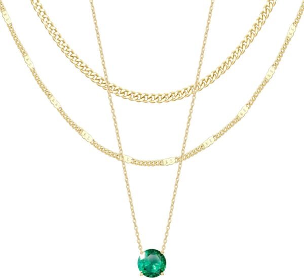 Layered Gold Necklaces for Women,  Gold Sterling Silver Plated Dainty Pendant Necklace Set with Cubic Zirconia Circle, Chunky Stackable Cuban Chain Choker, Trendy Personalized Birthstone Jewelry Gift Non Tarnish