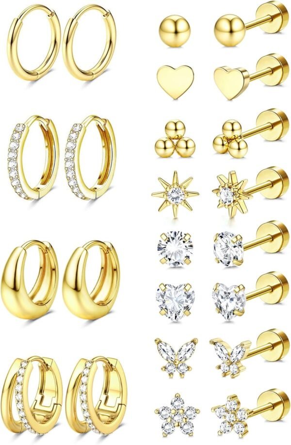 Hypoallergenic  Gold Plated Stud Hoop Earrings for Women Men Surgical Stainless Steel Flat Back Earrings Small Huggie Hoops Cartilage Earring Set for Multiple Piercing Jewelry Gift for Women