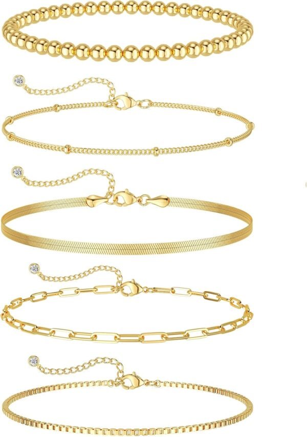 Gold Plated Bracelets for Women, Jewelry Sets Cute Tennis Beaded Bracelets Cuban Link Paperclip Chain Dainty Bracelet Pack Gifts