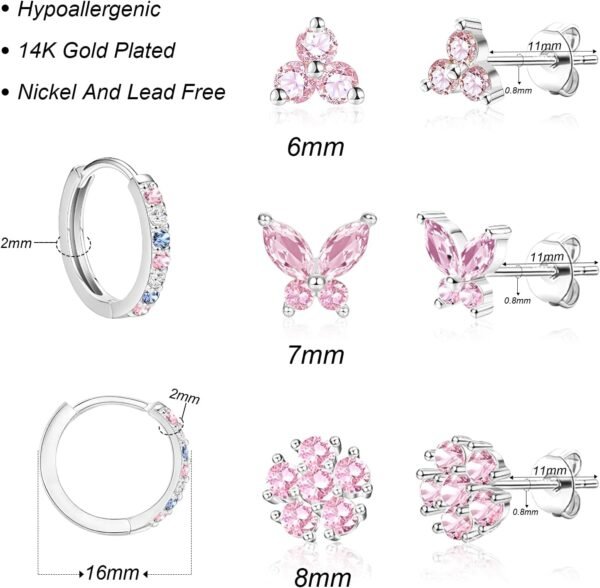 20G Gold Studs Earrings for Women, Gold Plated Hypoallergenic Butterfly Earrings for Girls,4 Pairs Flower/Butterfly/Cubic Zirconia Cute Earring and Trendy Huggie Hoop Dainty Multipack Earring Sets