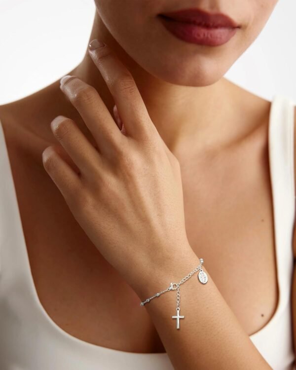 Silver Plated Bracelets for Women Non Tarnish,Silver Cross Bracelets for Wome,Womens Silver Plated Bracelet Waterproof Cross Bead Charm Link Chain Bracelet Jewelry Gifts for Womens Trendy