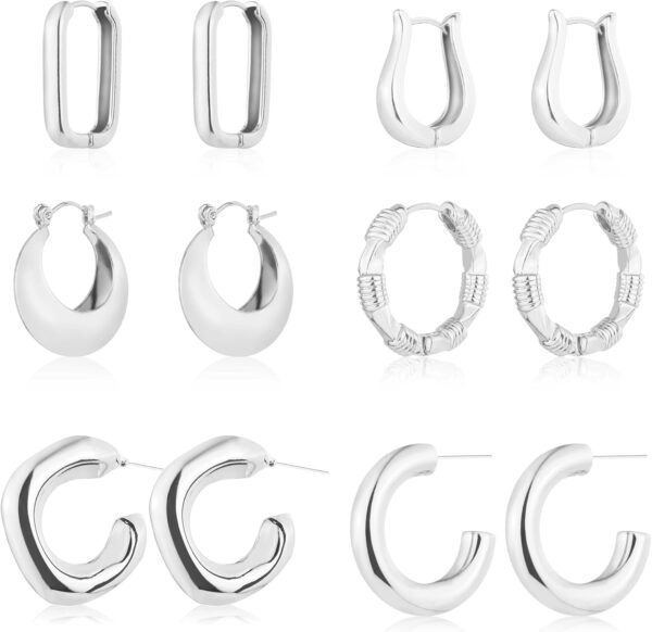 6 Pairs  Gold Plated Hoop Earrings for Women Lightweight Chunky Hoop Earrings Multipack Hypoallergenic, Thick Open Twisted Huggie Hoops Earring Set Jewelry for Gifts.