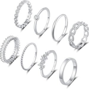 71YqbyCqnbL._AC_SL1500 Gold Silver Plated Stacking Rings Set for Women Dainty Stackable Thumb Knuckle Cute Ring for Women Pinky Finger Fashion Band Thin Simple Plain Chain CZ Rings Size 6-11