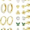 Hypoallergenic  Gold Plated Stud Hoop Earrings for Women Men Surgical Stainless Steel Flat Back Earrings Small Huggie Hoops Cartilage Earring Set for Multiple Piercing Jewelry Gift for Women