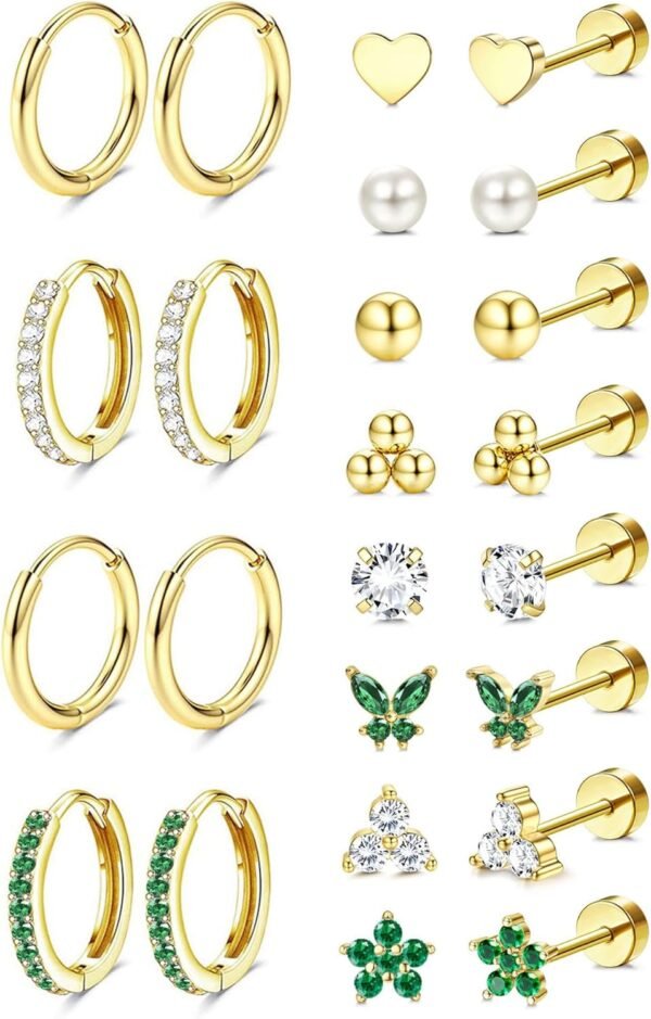 Hypoallergenic  Gold Plated Stud Hoop Earrings for Women Men Surgical Stainless Steel Flat Back Earrings Small Huggie Hoops Cartilage Earring Set for Multiple Piercing Jewelry Gift for Women