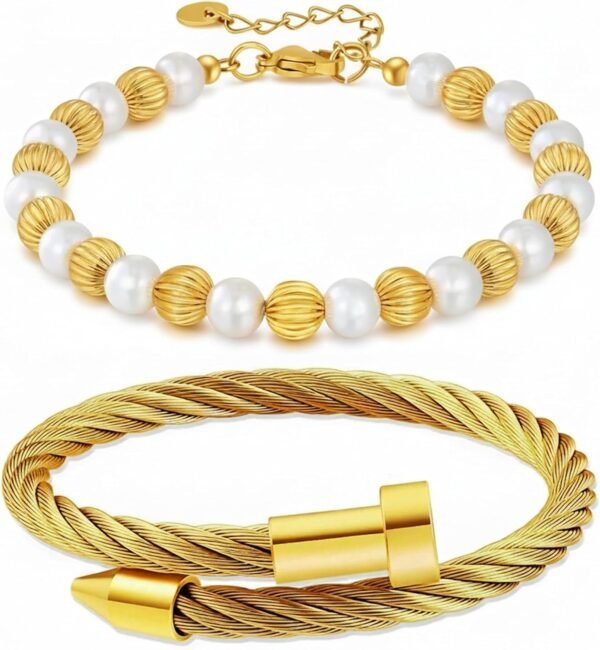 2PCS   Gold Plated Nail Bangle & Chain Bracelet Set for Women, Adjustable Stackable Bangle Jewelry, Dainty Gold Bracelet Gift for Women