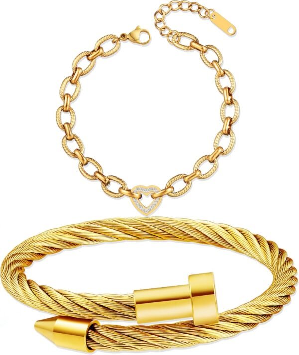 2PCS   Gold Plated Nail Bangle & Chain Bracelet Set for Women, Adjustable Stackable Bangle Jewelry, Dainty Gold Bracelet Gift for Women