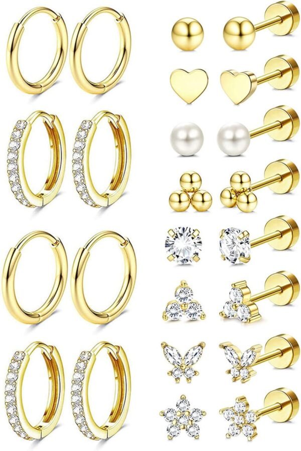 Hypoallergenic  Gold Plated Stud Hoop Earrings for Women Men Surgical Stainless Steel Flat Back Earrings Small Huggie Hoops Cartilage Earring Set for Multiple Piercing Jewelry Gift for Women