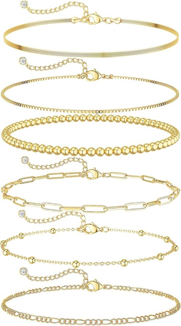 Gold Bracelets for Women Waterproof,  Gold Plated Jewelry Sets Trendy Thin Dainty Stackable Cuban Link Paperclip Chain Bracelet Pack Fashion Accessories Gifts for Womens