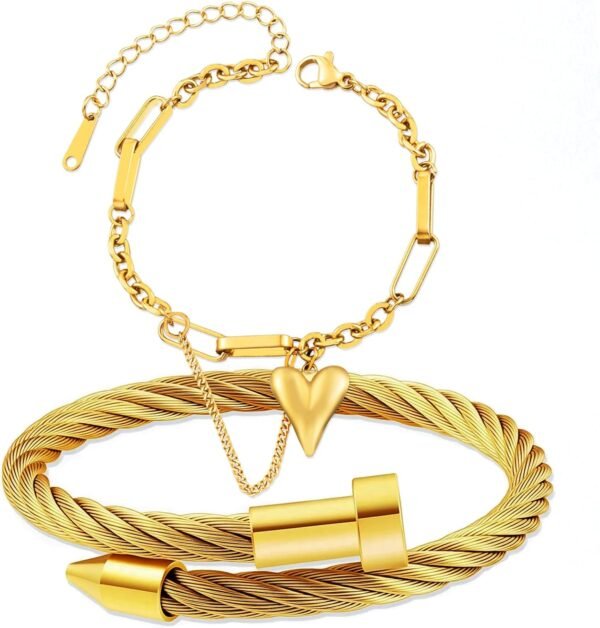 2PCS   Gold Plated Nail Bangle & Chain Bracelet Set for Women, Adjustable Stackable Bangle Jewelry, Dainty Gold Bracelet Gift for Women