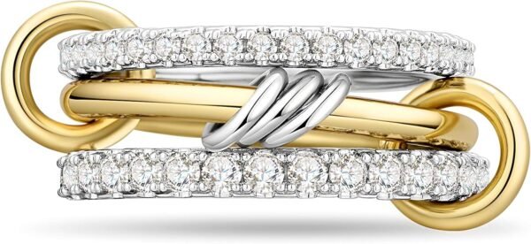 Gold Plated Stackable Rings, 3 Ring Set with CZ Cubic Zirconia, Gold & Silver Stacked, Interlocking Band for Women Statement