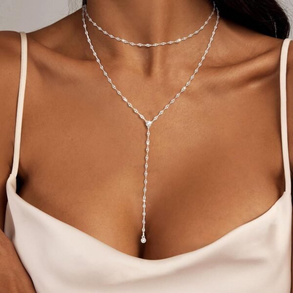 Silver/Gold Necklace for Women 925 Silver/ Gold Plated Dainty Long Necklace Y-Shaped Drop Pendant Necklaces Choker Trendy Chain Simple Layered Necklaces CZ Jewelry for Women Set Gift