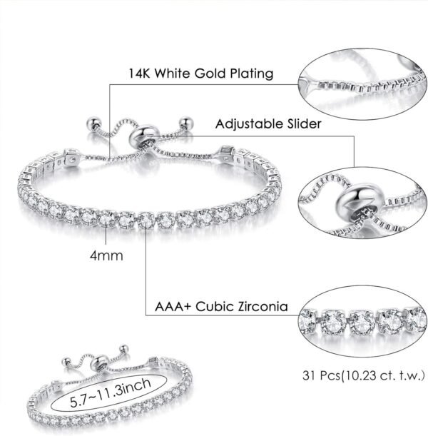 Tennis Bracelets for Women White Gold Plated Diamond AAA+ Cubic Zirconia CZ Dainty Classic Adjustable Slider Bracelet Silver Fashion Jewelry Wedding Gift