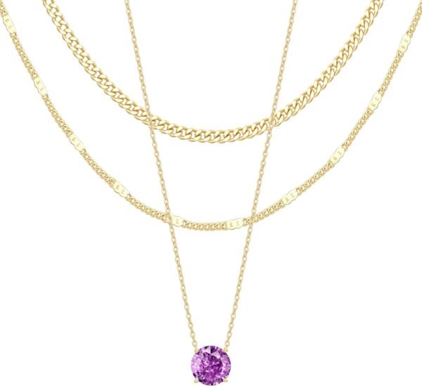 Layered Gold Necklaces for Women,  Gold Sterling Silver Plated Dainty Pendant Necklace Set with Cubic Zirconia Circle, Chunky Stackable Cuban Chain Choker, Trendy Personalized Birthstone Jewelry Gift Non Tarnish