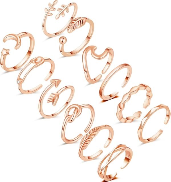 12PCS Silver Plated Rings Adjustable Open Rings for Women Cute Gold Plated Stackable Thumb Rings Joint Chain Midi FingerArrow Knot Wave Band Rings Set