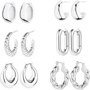 6 Pairs  Gold Plated Hoop Earrings for Women Lightweight Chunky Hoop Earrings Multipack Hypoallergenic, Thick Open Twisted Huggie Hoops Earring Set Jewelry for Gifts.