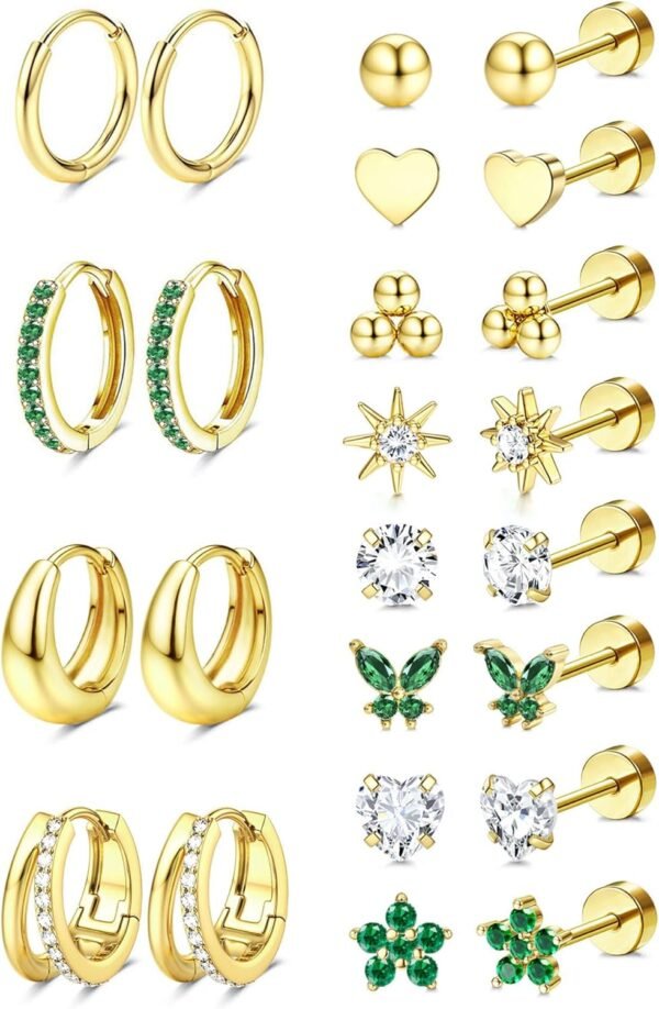 Hypoallergenic  Gold Plated Stud Hoop Earrings for Women Men Surgical Stainless Steel Flat Back Earrings Small Huggie Hoops Cartilage Earring Set for Multiple Piercing Jewelry Gift for Women