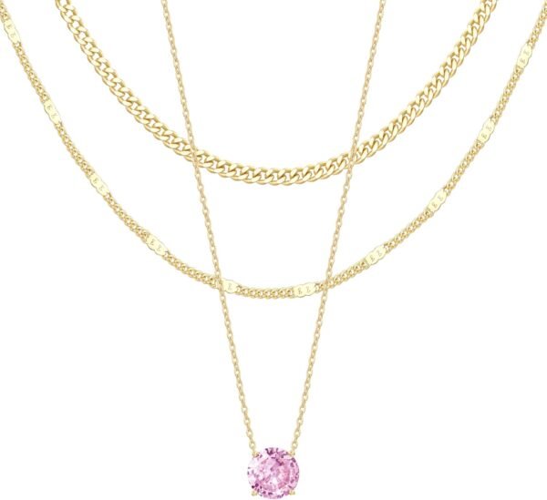 Layered Gold Necklaces for Women,  Gold Sterling Silver Plated Dainty Pendant Necklace Set with Cubic Zirconia Circle, Chunky Stackable Cuban Chain Choker, Trendy Personalized Birthstone Jewelry Gift Non Tarnish