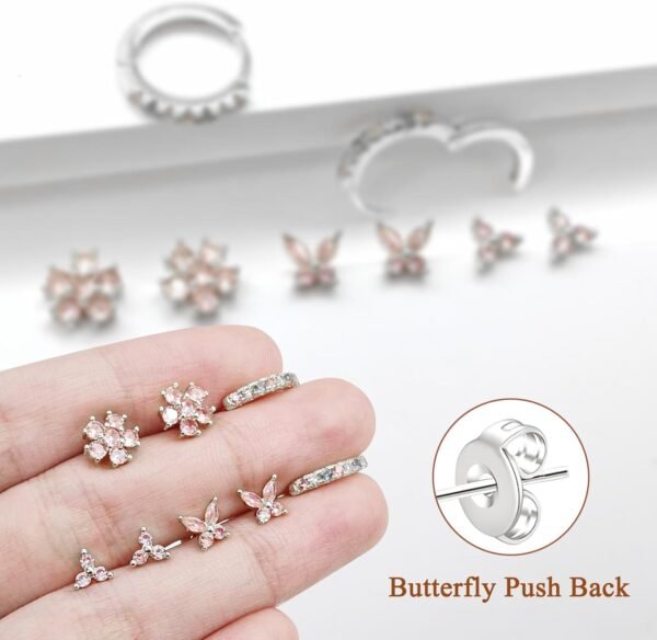 20G Gold Studs Earrings for Women, Gold Plated Hypoallergenic Butterfly Earrings for Girls,4 Pairs Flower/Butterfly/Cubic Zirconia Cute Earring and Trendy Huggie Hoop Dainty Multipack Earring Sets