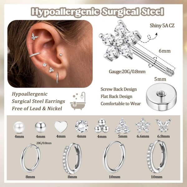 Hypoallergenic  Gold Plated Stud Hoop Earrings for Women Men Surgical Stainless Steel Flat Back Earrings Small Huggie Hoops Cartilage Earring Set for Multiple Piercing Jewelry Gift for Women