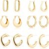6 Pairs  Gold Plated Hoop Earrings for Women Lightweight Chunky Hoop Earrings Multipack Hypoallergenic, Thick Open Twisted Huggie Hoops Earring Set Jewelry for Gifts.