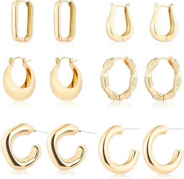 6 Pairs  Gold Plated Hoop Earrings for Women Lightweight Chunky Hoop Earrings Multipack Hypoallergenic, Thick Open Twisted Huggie Hoops Earring Set Jewelry for Gifts.